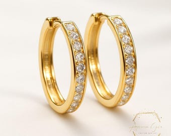 2MM 14K Real Gold Earrings Huggies Hoop Cubic Zirconia Channel set sold 1 pair 8mm to 30 mm