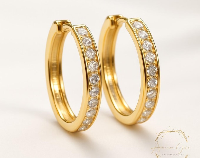 2MM 14K Real Gold Earrings Huggies Hoop Cubic Zirconia Channel set sold 1 pair 8mm to 30 mm