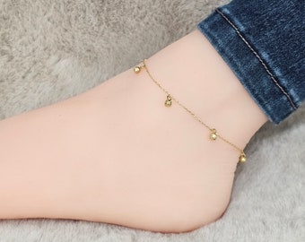 10K Yellow Gold Hollow Ball Fancy Anklet Hollow 3mm Design Dainty Rolo Chain 9+ 1 inches .