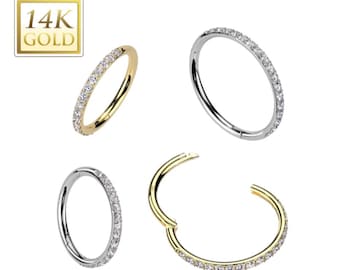 14K Gold Hinged Segment Hoop Ring in 20ga With Outward Facing Pave CZ , 18ga With Outward Facing Pave CZ.