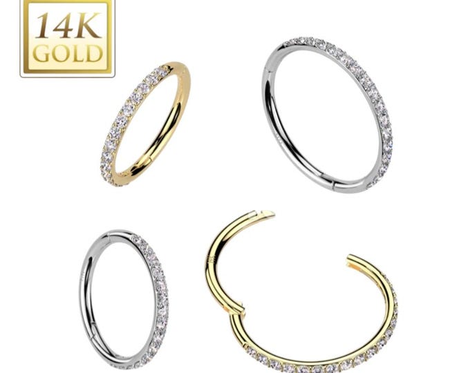 14K Gold Hinged Segment Hoop Ring in 20ga With Outward Facing Pave CZ , 18ga With Outward Facing Pave CZ.