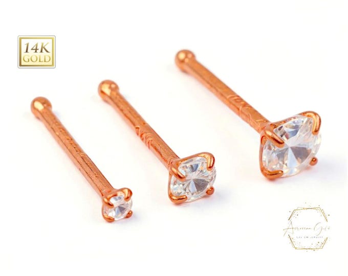 14K Rose Gold , Bone End Nose Stud, Diamond Nose Stud, Moissanite , Lab Diamond, Nose Stud 20 GA 1.50mm-3.50mm Gemstone Nose Piercing.