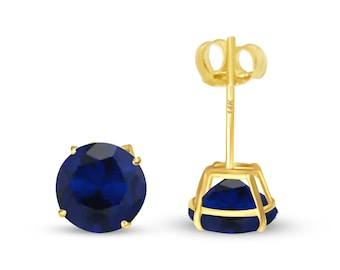14K Solid Yellow Gold Blue Sapphire Earring September Birthstone Colors Earring with 4 Prong Setting