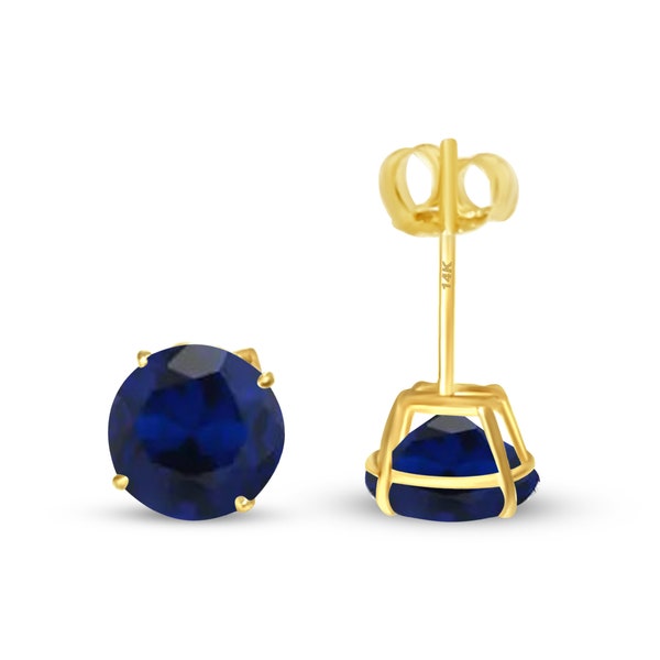 14K Solid Yellow Gold Blue Sapphire Earring September Birthstone Colors Earring with 4 Prong Setting