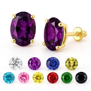 Oval 14K Solid Yellow Gold Light Weight Gold Screw Backing Available in 3 sizes sold 1 Pair With High Quality Triple A Clear Stone