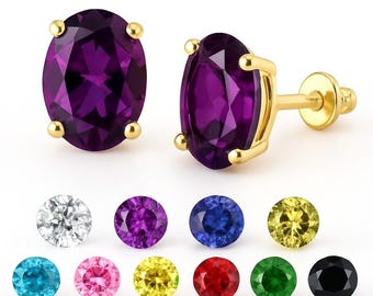 Oval 14K Solid Yellow Gold Light Weight Gold Screw Backing Available in 3 sizes sold 1 Pair With High Quality Triple A Clear Stone