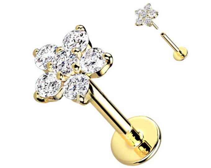 14K Gold Threadless Push-in Labret 16 GA or 18 GA CZ Flower Top Labret, Flat back Stud for Cartilage, Monroe, Nose Stud