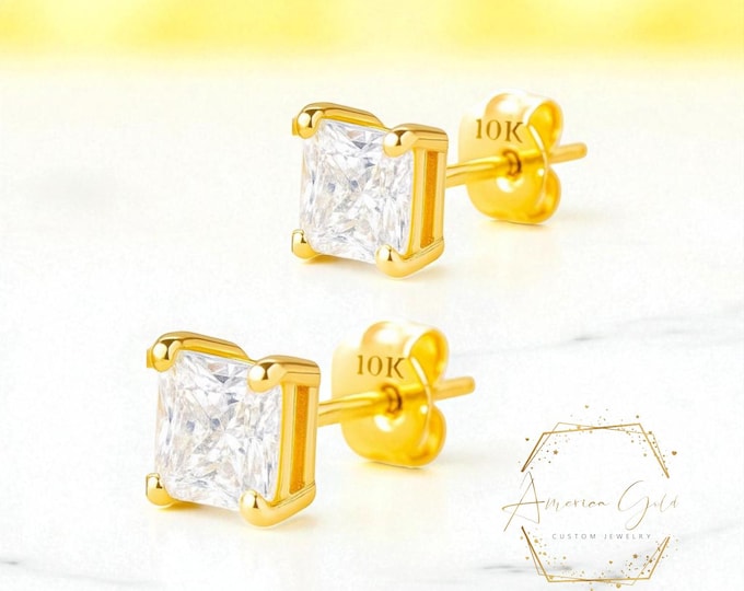 10K Yellow Gold Princess Square Cut Thin Post 22 GA Earring with 4 Prong Setting Push Butterfly Back Option of CZ or Moissanite.