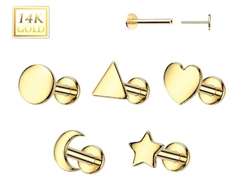 14K Gold Threadless Push In Labret, Flat Back Stud Pins Sold in 1 Piece.