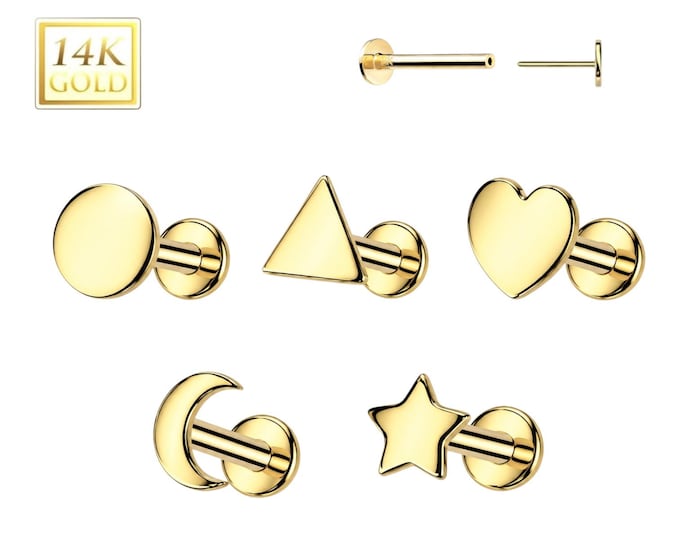 14K Gold Threadless Push In Labret, Flat Back Stud Pins Sold in 1 Piece.
