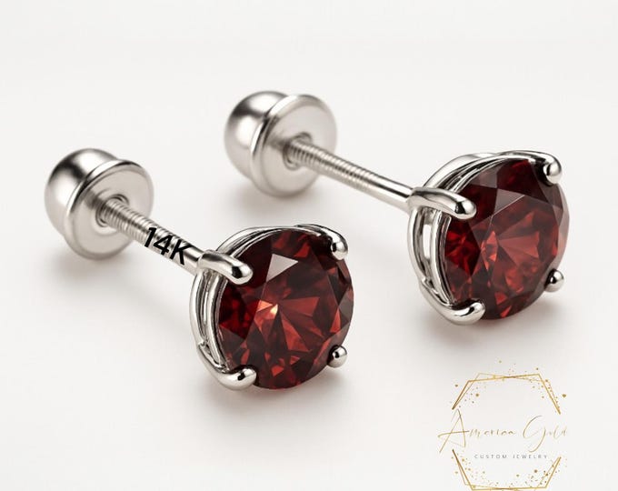 Natural Garnet 14K Real Yellow Gold Light Weight Gold sold in 1 Pair Round Solitaire Garnet Natural Birthstone  Earrings stud.