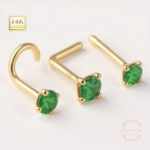 Anillo de nariz de oro de 14 quilates con esmeralda de 20 GA, piedra preciosa opcional, largo del poste de 7 mm, perno para la fosa nasal, anillo para la nariz, piedra preciosa esmeralda para la nariz.