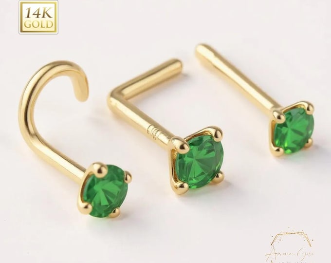 Emerald 14K Gold Nose Ring 20GA , optional gemstone , Post lenght 7mm, Nostril Stud , Nose Ring, Nose Emerald gemstone.