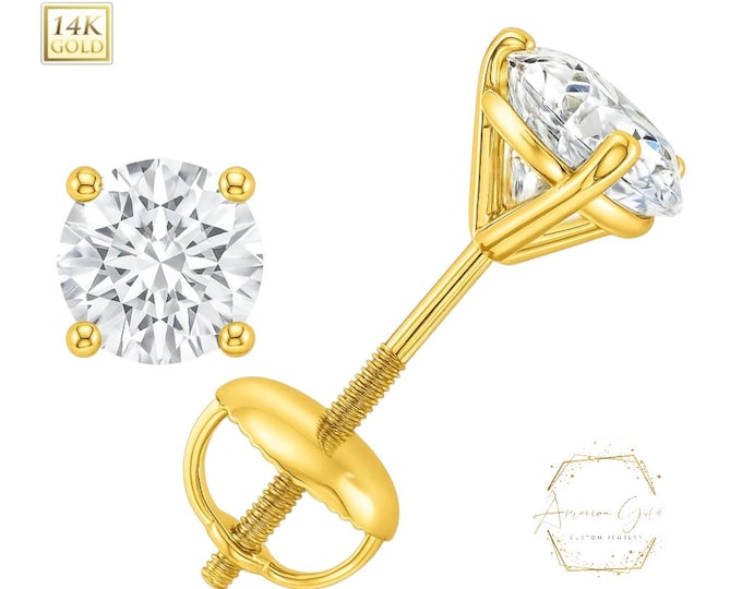 Lab Grown Diamond 14K Solid Yellow Gold  Martini 3 prong Round Solitaire Earrings stud Screw Backing LAB Grown Diamond VS1 DEF .
