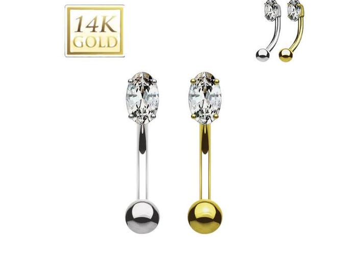14K Gold Oval Prong Set Curved Barbell Eyebrow Rook Daith Piercing 16 GA 8MM.