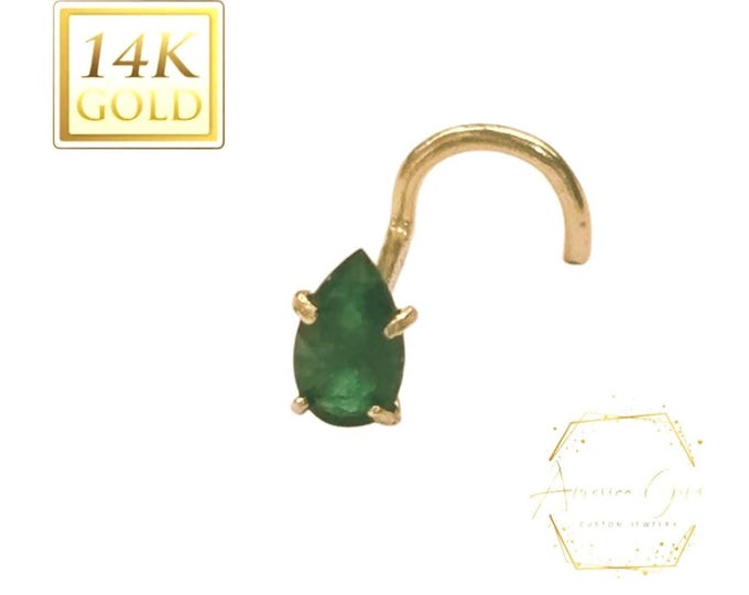 Pear Shape Emerald 14K Gold Nose Ring 20GA , optional gemstone , Post length 7mm, Nostril Stud , Nose Ring, Nose Emerald gemstone.
