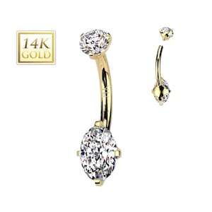 14K Gold Internally Threaded Double Marquise Prong Set CZ Belly Button Navel Ring  14GA (1.6mm)3/8&quot; (10mm)4 & 6mm