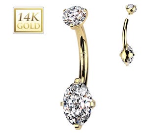 14K Gold Internally Threaded Double Marquise Prong Set CZ Belly Button Navel Ring  14GA (1.6mm)3/8" (10mm)4 & 6mm