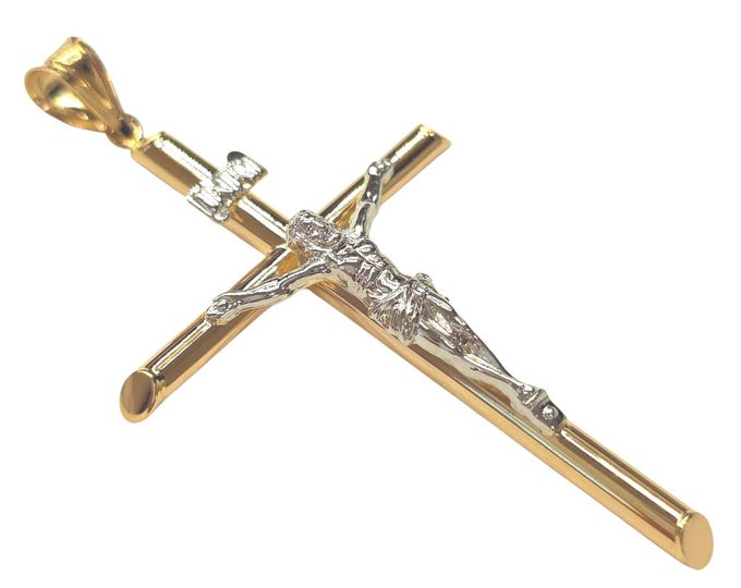 14K 2 Tone White Yellow Gold Hollow Round Tube Jesus Cross Pendant Religious Pendant Charm Men's Women's Real Gold White Gold .