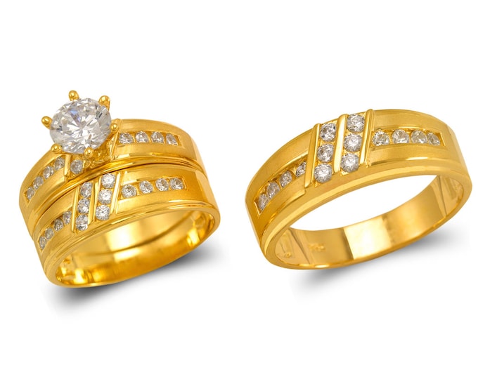 14K Solid Gold Trio Wedding Ring Wedding Promise Engagement  Men's Women's Bridal Rings Anniversary Band Couple Rings His and Hers.