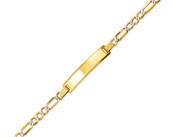 14K Gold  Kids Hollow 2 Tone Figaro ID Bracelet 6 Inches available in 4 thickness with Real 14K Gold engrave available 1 piece bracelet.