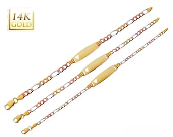 14K 3 Tone Gold  060 Figaro 3+1 3C Baby Oval ID with Heart Bracelet 6 Inches.