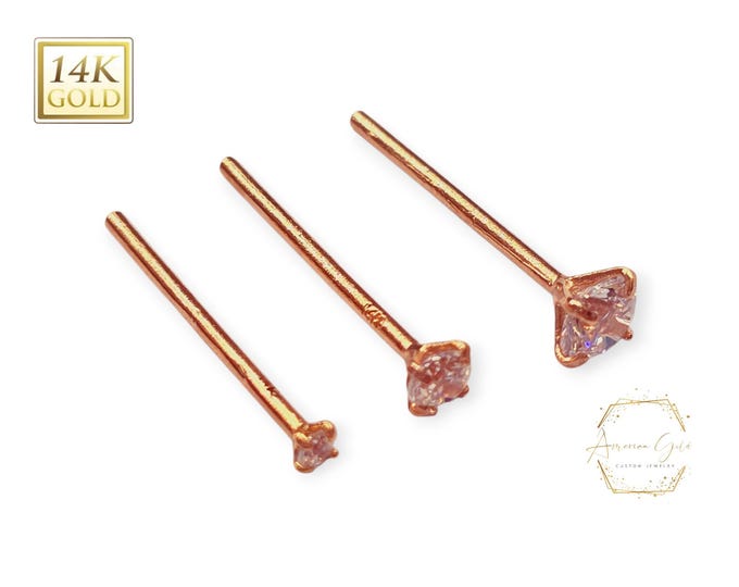 14K Rose Gold , Straight End 12mm Diamond Nose Stud, Moissanite , Lab Diamond, Nose Stud 20 GA 1.50mm-3.50mm Gemstone Nose Piercing.