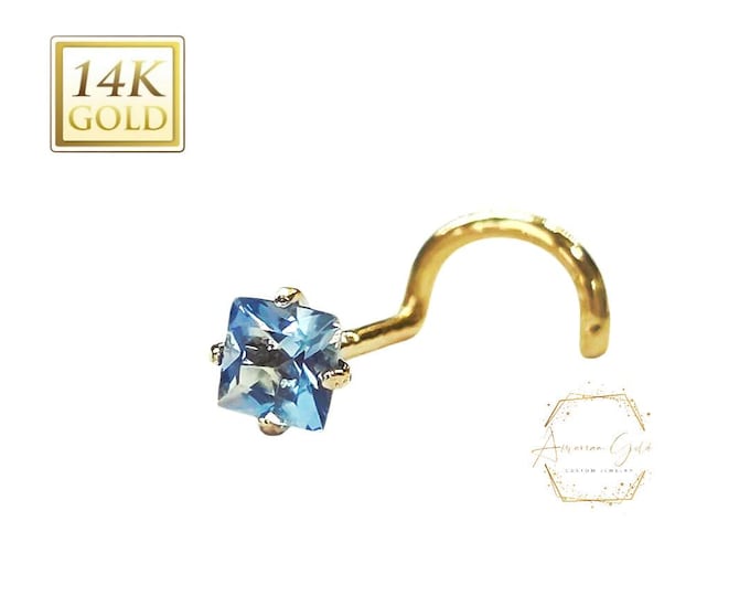 Aquamarine square 14K Solid gold Genuine Real Aquamarine Nose Stud ,  14K Solid Gold in Twisted Crooked Screw, 20 GA, Nose Pin, Nostril