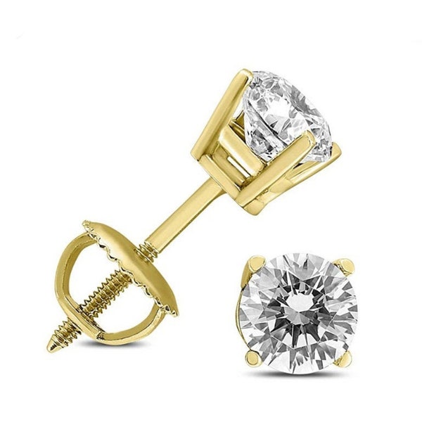 LAB Grown Diamond VS1 in 14K Solid Yellow Gold  sold in 1 Pair Round Solitaire Earrings stud.