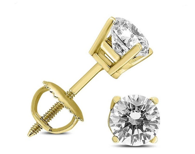 LAB Grown Diamond VS1 in 14K Solid Yellow Gold  sold in 1 Pair Round Solitaire Earrings stud.