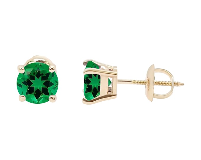 Emerald 14K Real Yellow Gold Heavier Weight Gold sold in 1 Pair Round Solitaire Emerald May Birthstone  Earrings stud.