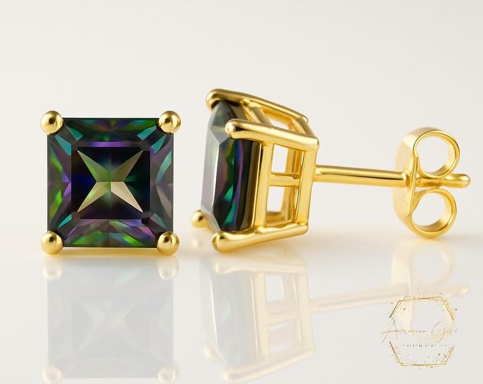 925 Sterling Silver Square with Mystic Topaz Gemstone CZ Push Backing Thicker post 4mm 5mm 6mm 7mm 8mm Men's Women's Stud Earring 1 pair.