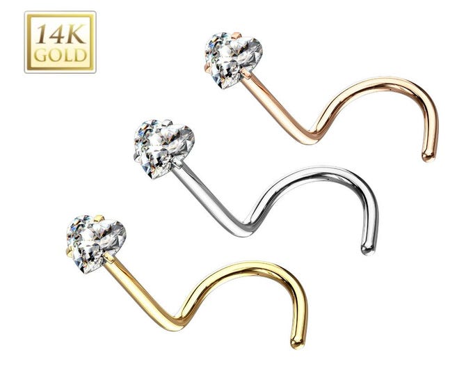 14K Solid Gold ,Twisted Nose Stud, Natural Gemstone , Nose Stud 20 GA 2.00mm-3.50mm Heart Cut Nose Stud 20GA