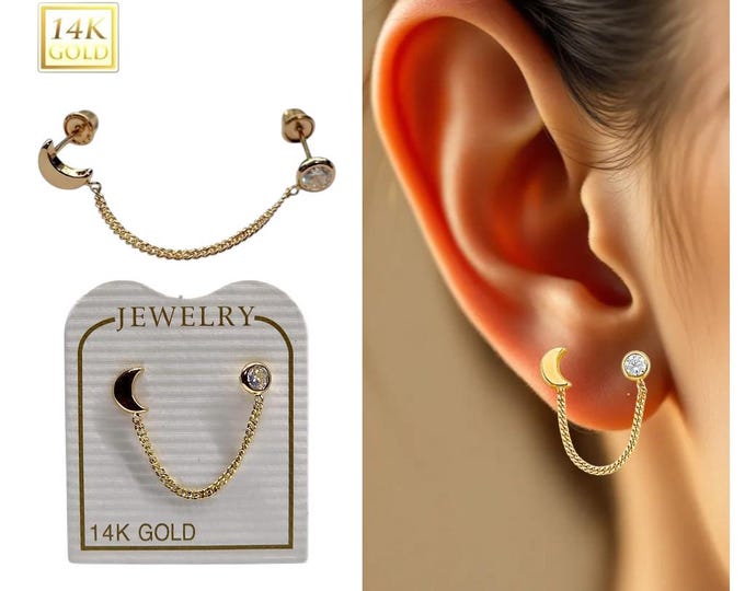 Chain Earring 14K Real Gold 1 Piece with Baby Screw Backing with Bezel Cubic Zircon Moon and Star.