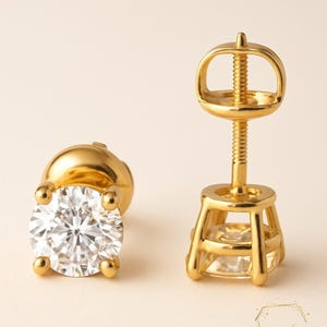 14K Solid Yellow Gold  sold in 1 Pair Round Solitaire Earrings stud Choice CZ or Moissanite or LAB Grown Diamond