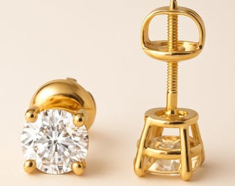 14K Solid Yellow Gold  sold in 1 Pair Round Solitaire Earrings stud Choice CZ or Moissanite or LAB Grown Diamond