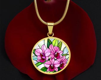 Pink Orchid Flower Necklace: Botanical Floral Pendant Jewelry
