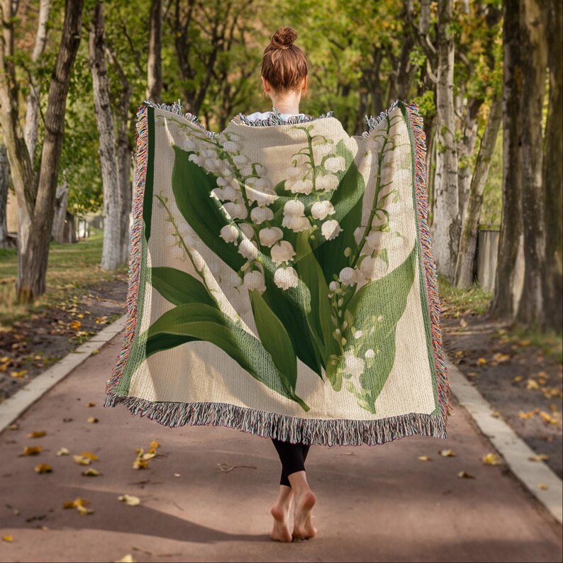 Mothers Day Gift, May Birth Flower Blanket Lily of the Valley, Woven Cotton Throw Blanket, Grandma Blanket, Floral Wall Tapestry image 6