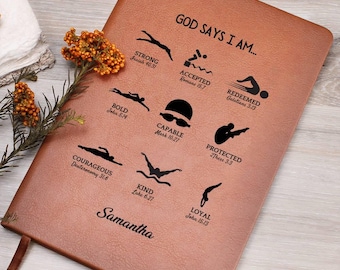 Swimmer God Says I Am Journal, Senior Swim Team Gift, Swim Coach Gift, Swimming Gift, Swim Mom, Swimming Coach, Swim Girl Leather Notebook