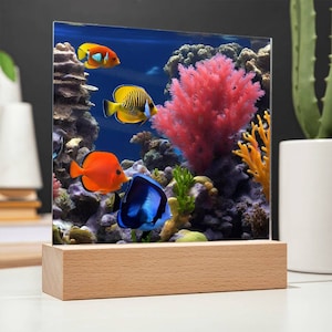 May include: A wooden base with a clear acrylic panel displaying a colourful underwater scene. The scene features a variety of coral, fish, and plants. The fish are orange, yellow, blue, and red.