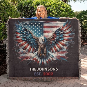 USA Flag Woven Blanket, Bald Eagle Patriotic Blanket, Family Name Cotton Throw, Veteran Gift, Conservative Decor, Patriotic Christmas Gifts