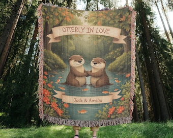 Otter Couple Woven Cotton Blanket, Wall Tapestry, Personalized Anniversary Gift, Wedding, Housewarming, Valentine, Christmas Gift for Couple
