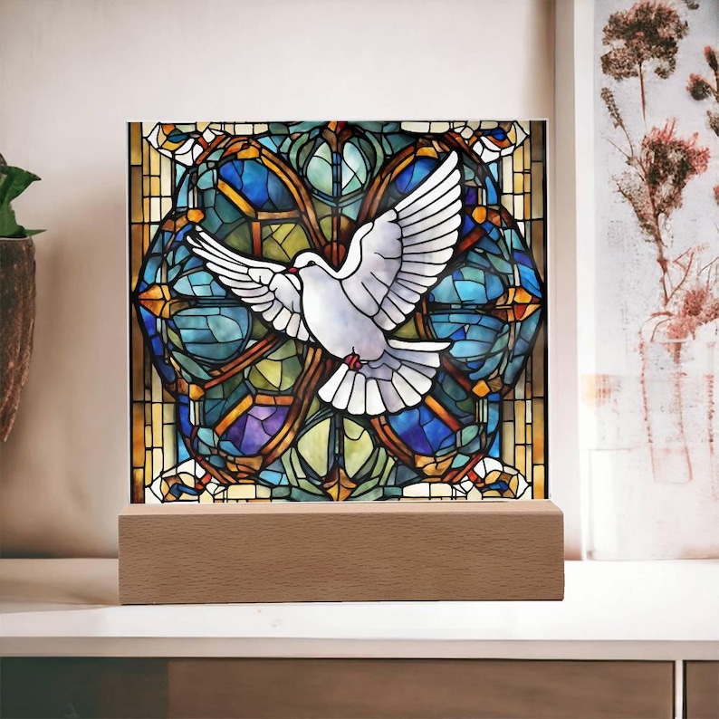 Holy Spirit Dove Faux Stained Glass Religious LED Plaque Home Decor ...