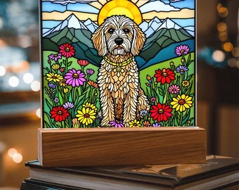 Labradoodle Faux Stained Glass Acrylic Plaque with LED Base