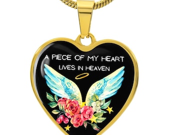 Memorial Necklace, Memorial Heart Necklace for Women, Angel Necklace, Loss of Mother, Engraved Heart, A piece of my heart lives in heaven