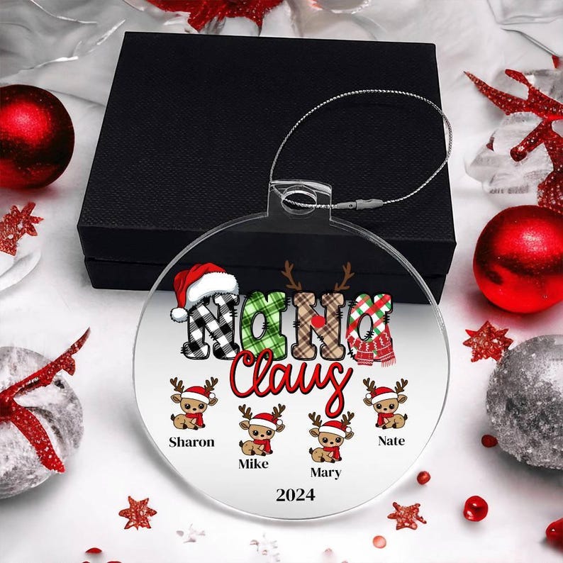 Personalized Nana Ornament, Custom Grandkids Names Christmas Gift for Nana, Grandma Claus Acrylic Ornament, Holiday Gift image 1
