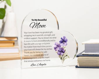 Personalized Birthday Gift For Mom From Daughter, Custom Birth Month Flowers Acrylic Heart Plaque, Mother's Day & Christmas Gifts For Mom