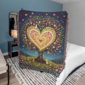 Cat Woven Blanket, Tree of Life 100% Cotton, Cat Mom Woven Throw Floral, Cottagecore Wall Tapestry,  Cozy Sofa Blankets, Pet Lover, Bedding