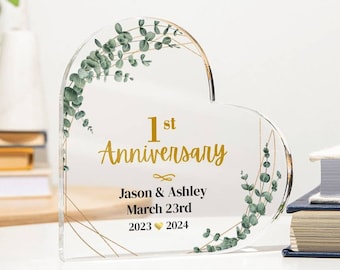 Placa de corazón de acrílico personalizada para el primer aniversario
