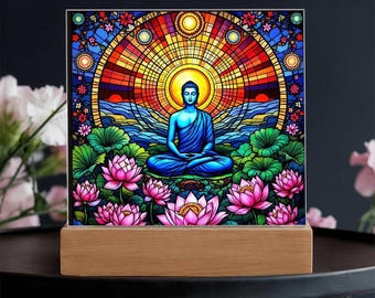 Serene Buddha Acrylic Plaque: Faux Stained Glass, LED Base
